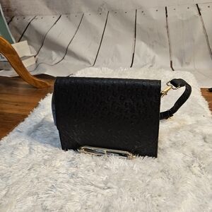 Black Ostrich Embossed‎ Crossbody Bag Gold Accent Evening Party Purse